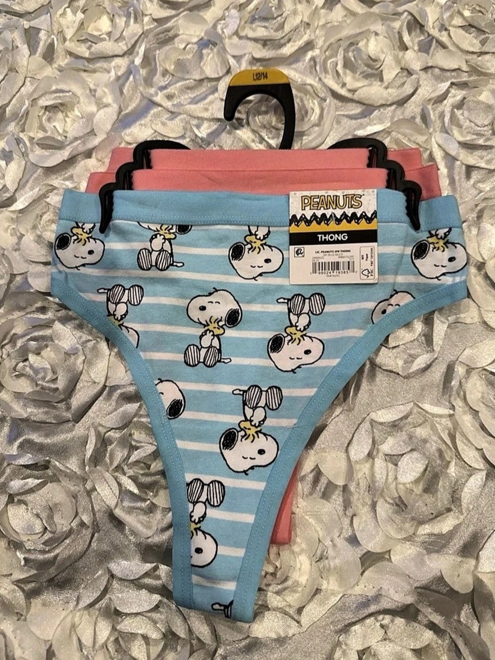 Peanuts Snoopy 3-Pack Thong Panties Blue & Pink size L 12/14